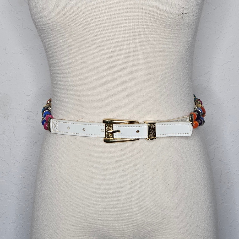 Vintage Colorful Beaded Waist Belt White Gold Buckle Fits‎ 24.5-29" Boho 80s 90s